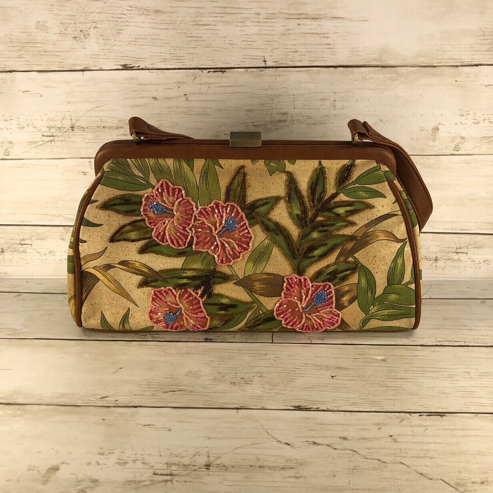 Vintage Tropical Hibiscus‎ Beaded Canvas Purse Handbag Floral Brown Trim